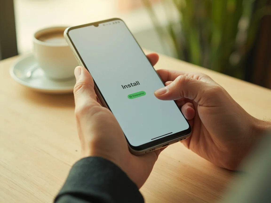 Calm hands holding a smartphone showing a clean Android setup screen