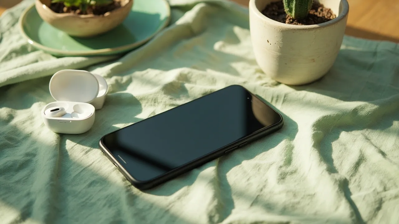 A smartphone on a sage linen surface beside a potted plant and earbuds