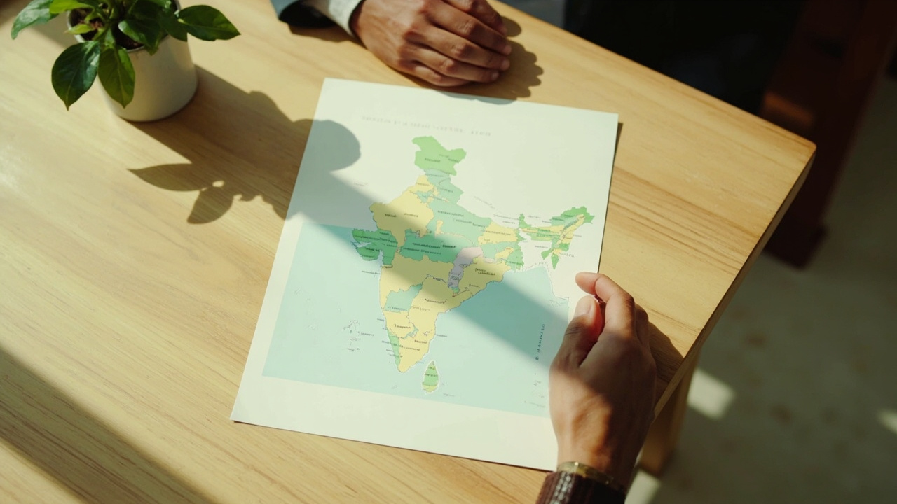 Printed India map on a sunlit table highlighting state eligibility regions for Come