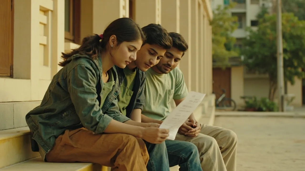 Three young Indian friends sitting together on cream concrete steps outside a residential building