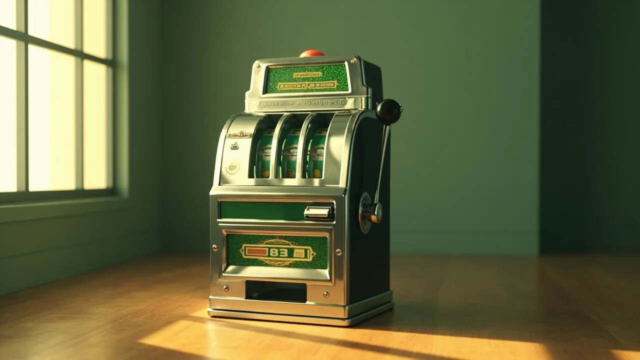 A vintage-style three-reel slot machine cabinet in brushed emerald and cream
