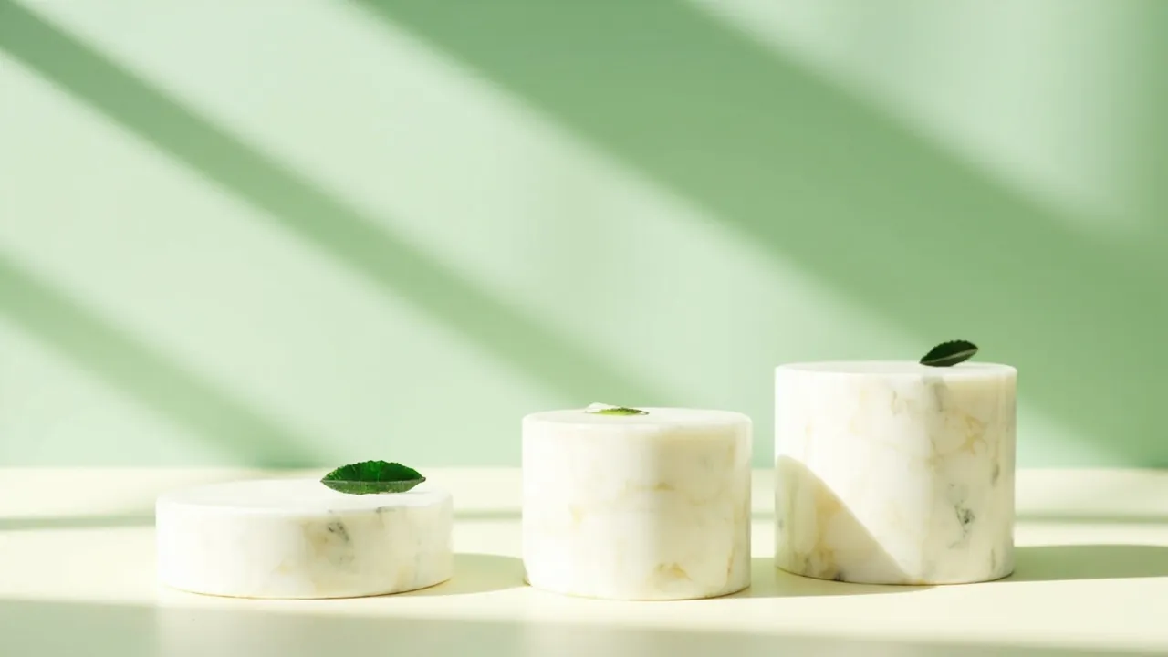 Three ascending cream marble pedestals of slightly different heights each holding a single small emerald leaf