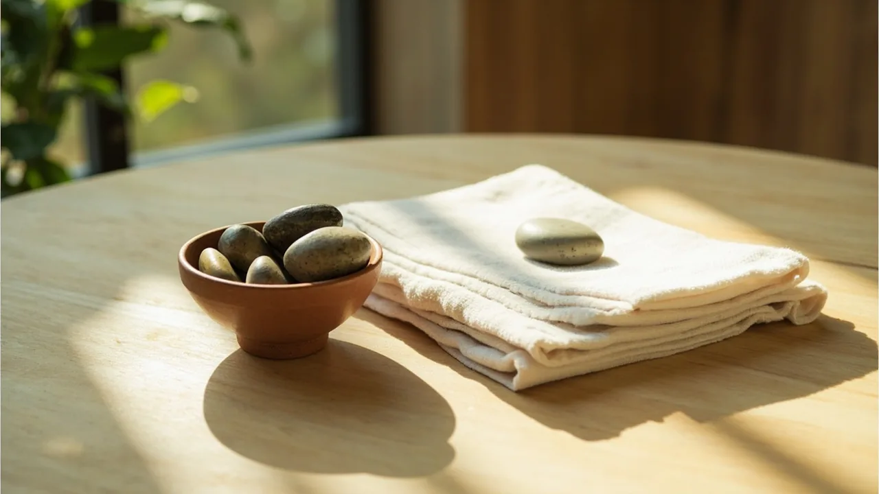 A small open clay bowl of polished river stones beside a folded soft cotton hand-towel on a warm cream linen surface, soft daylight, no text, no UI, no money