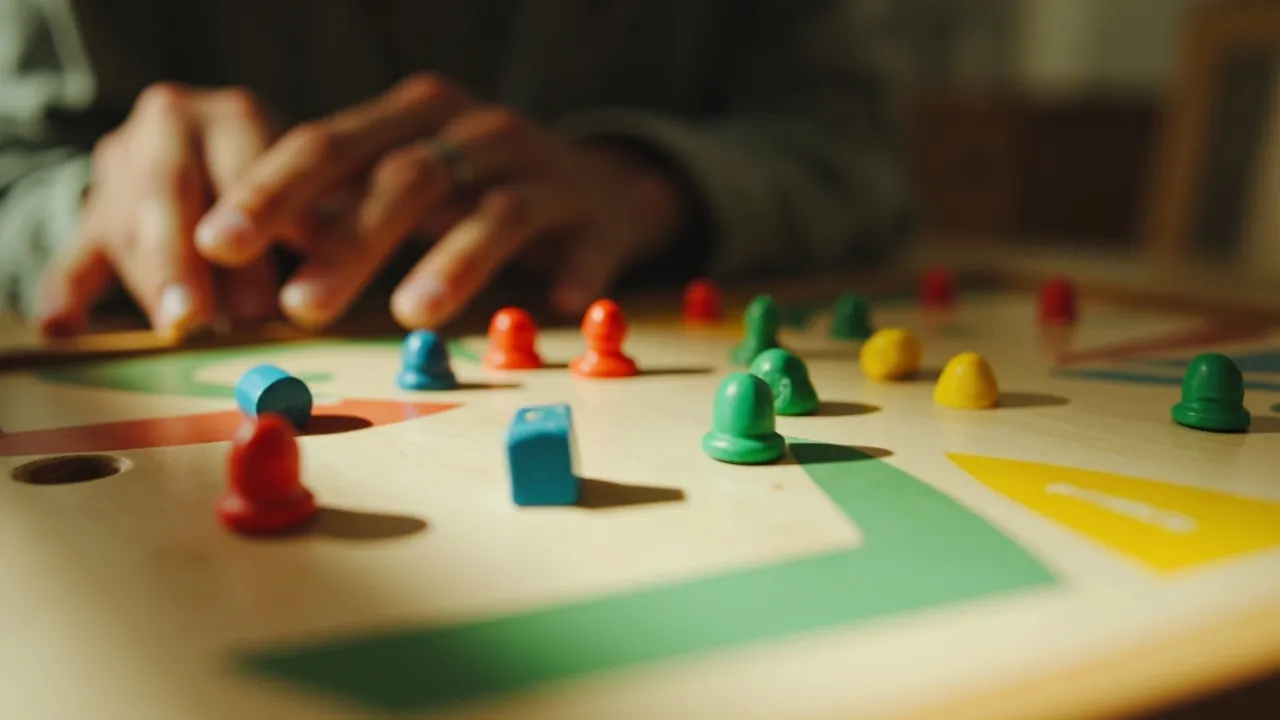 A wooden ludo board mid-game with hand-painted coloured playing tokens