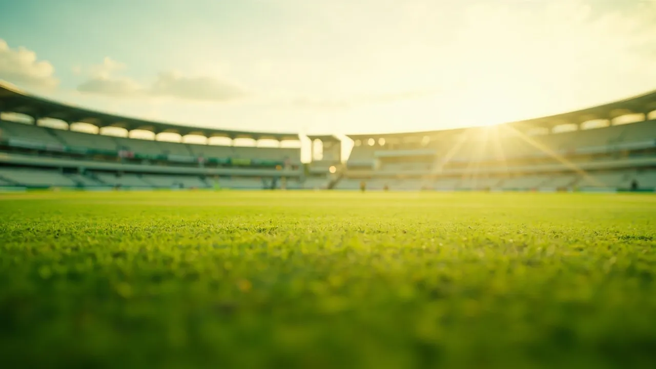 An open sunlit cricket ground with the green outfield and pitch in the foreground