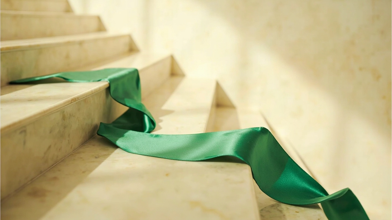 A cream marble staircase with an emerald ribbon suggesting the sports settlement ladder